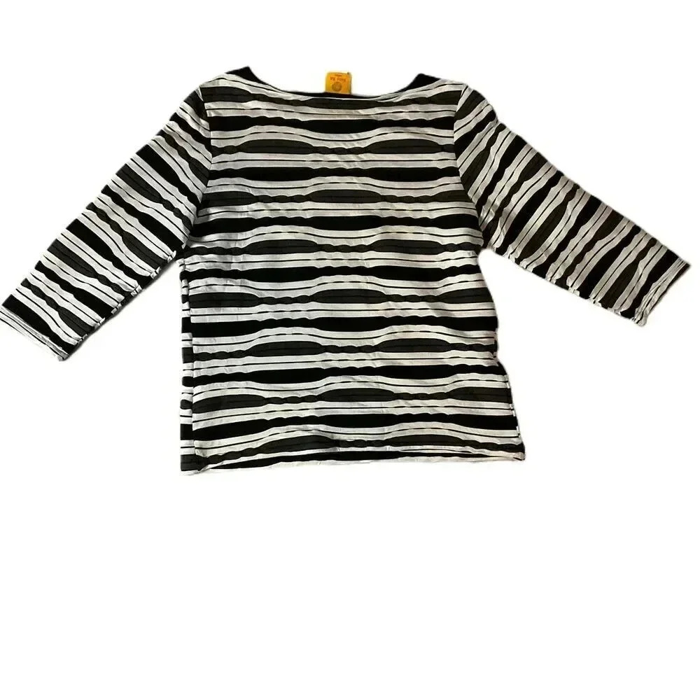 Ruby Rd Womens White Grey Black Striped Round Neck 34 Sleeve Blouse Petite Large - Picture 5 of 5